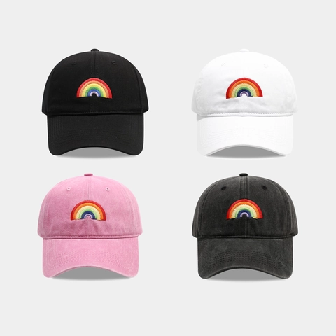 Rainbow Embroidery Washed Cotton Baseball Cap Retro Distressed Casual Sun Protection Dad Hat For Men Women