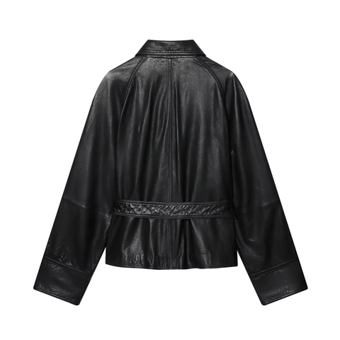 Giacca In Ecopelle Da Donna PU Maniche Lunghe Colletto Rovesciato Cintura Streetwear Nero Moda Casual