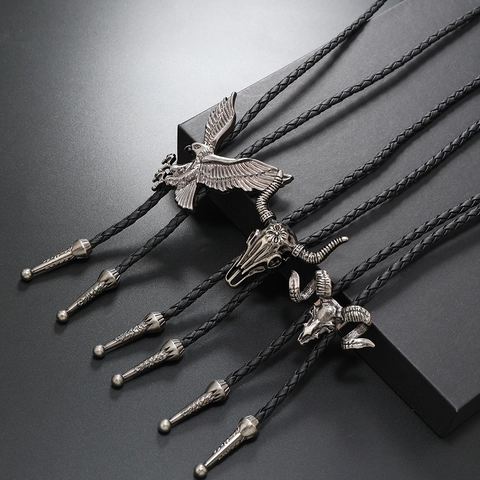 Cravate Bolo Cowboy Western Vintage Pendentif Aigle Crâne Taureau Alliage Collier Corde Cuir Tressé Punk Rétro