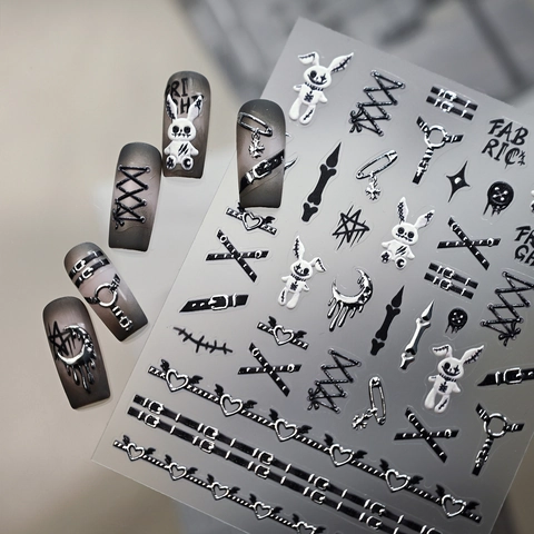 Gothic Dark Punk Nail Art Stickers 3D Relief Luminous Silver Hot Stamping Bunny Cross Heart Halloween Adhesive Decals
