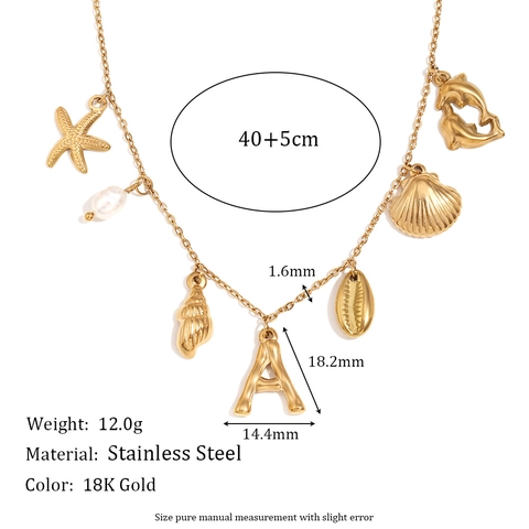 Ocean Theme Pendant Necklace 18K Gold Plated Stainless Steel With Starfish Shell Faux Artificial Pearl Initial A For Women