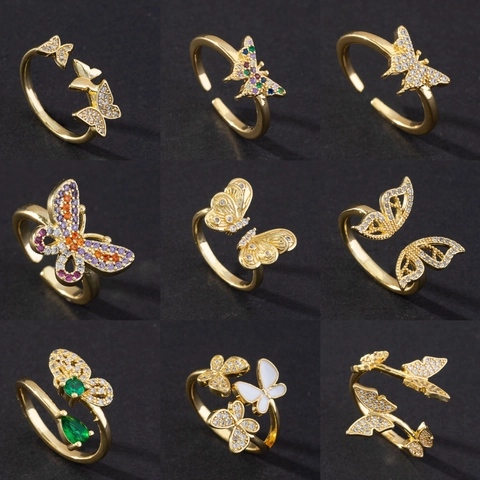Butterfly Open Adjustable Rings For Women Copper Zircon Inlaid Elegant Niche Luxury Style Finger Jewelry Accessory