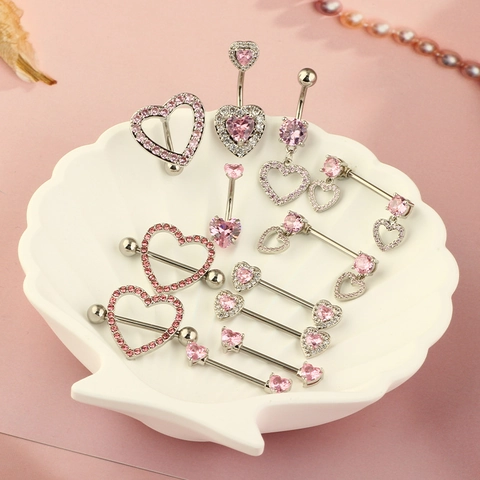 Pink Heart Rhinestone Navel Piercing Nipple Ring Set Stainless Steel Heart Shaped Belly Button Ring Body Piercing Jewelry For Unisex