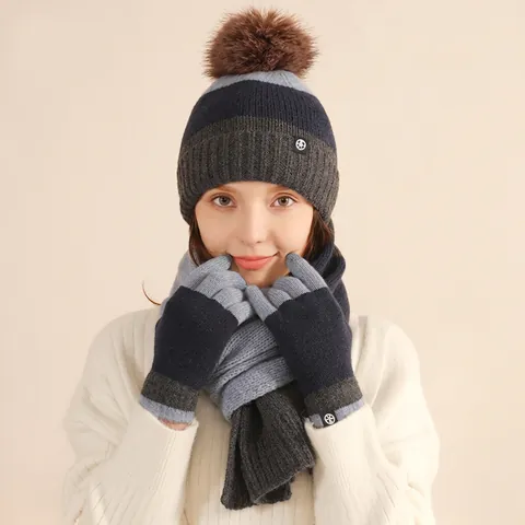 Conjunto de Invierno de 3 Piezas para Mujer Gorro Bufanda y Guantes de Punto Bloques de Color con Pompon Cálido Espesado