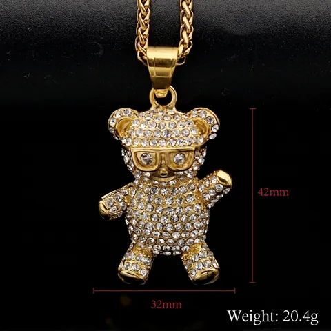 Hip Hop Teddy Bear Pendant Necklace 316 Stainless Steel Iced Out Rhinestone Wearing Glasses Gold Plated Jewelry Charm