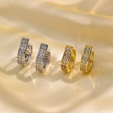 Dubbele Rij Zirkonia Huggie Hoop Oorbellen Goud Verguld Koper Luxe Minimalistische Sieraden Voor Dames