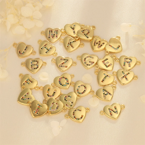 Amuletos Conectores De Letras Del Alfabeto De Corazón Cobre Chapado En Oro Circonita Cúbica De Colores Colgantes Para Hacer Joyas DIY