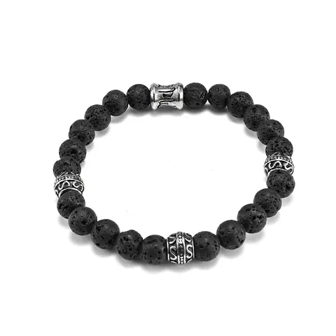 Men Beaded Bracelet Natural Lava Stone Chinese Style Six-Syllable Mantra Buddhist Lucky Retro Stainless Steel Bangle