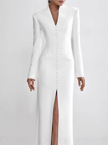 Elegant V Neck Long Sleeve Maxi Dress Cotton Polyester Blend Button Front High Slit Slim Fit Formal Evening Gown