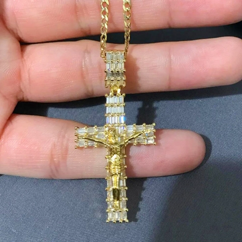 Collar Con Colgante De Cruz De Crucifijo De Jesús Cobre Incrustaciones Circón Joyas Hip Hop Con Cadena De Cuerda Trenzada