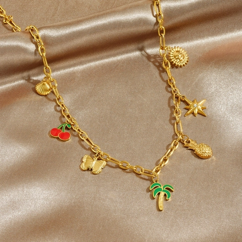 Collier À Charmes En Acier Inoxydable Plqué Or Émail Cocotier Cerise Papillon Ananas Bijoux Tropicaux Pour Femmes