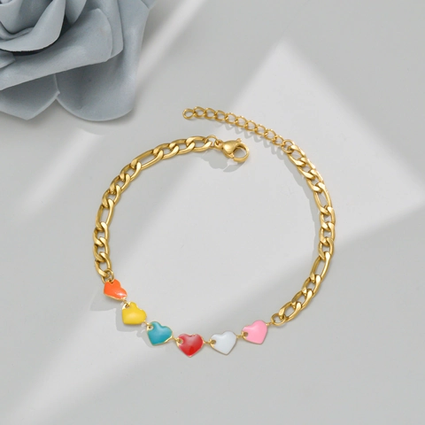 Bracelet À Pendentifs Coeur Lune Fleur Soleil Émail Coloré Acier Inoxydable Plaqué Or Chaîne Figaro Ajustable Femmes