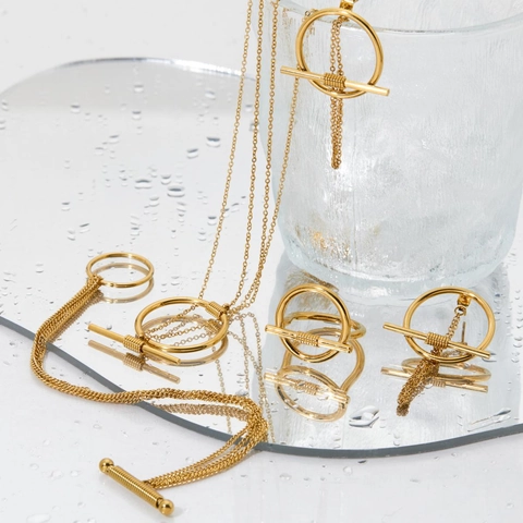 Joyas De Acero Inoxidable Minimalistas Collar Pendientes Pulsera Anillo Círculo Geométrico Cierre T-Bar Moda Mujeres