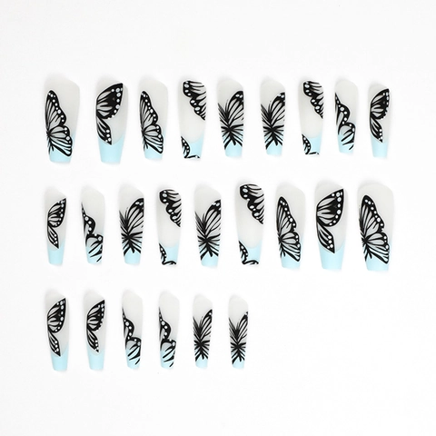 Lange Coffin Press On Nagels Blauw Frans Vlinder Patroon Glanzend Afneembare Kunstnagels Voor Dames Elegant