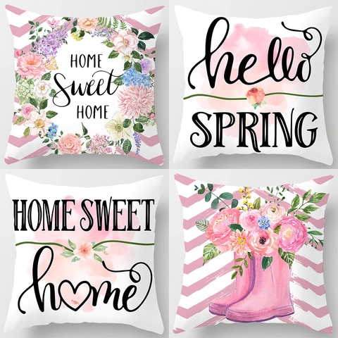 Watercolor Floral Wreath Throw Pillow Cover Peach Skin Polyester Square Soft Cushion Case Hello Spring Home Decor