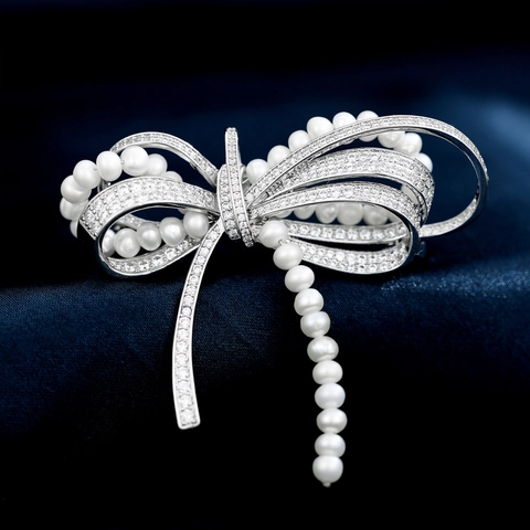 Elegante Broche De Lazo Cobre Bañado Oro Con Circonitas Y Perlas Artificiales Colgantes Estilo Coreano Joyería De Lujo