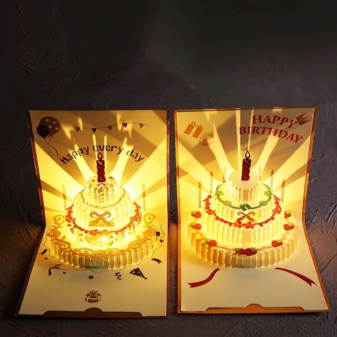 Biglietto Auguri Compleanno Musicale 3D Pop Up Con Luce LED Torta Carta Pieghevole Include Busta
