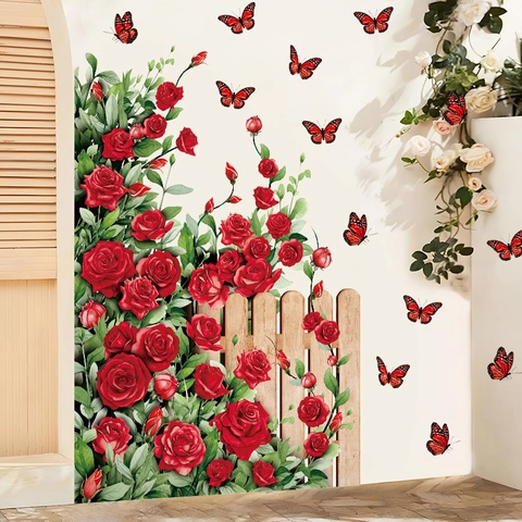 Sticker Mural Romantique Rose Rouge Clôture Papillon PVC Autocollant Imperméable Décoration Maison Salon Chambre