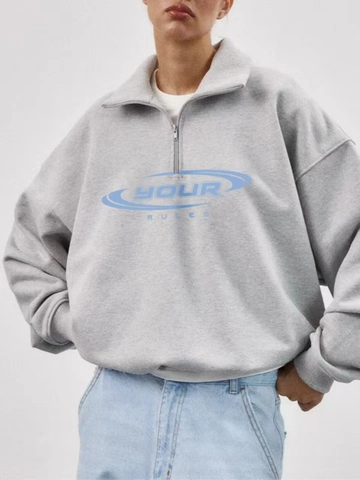 Felpa In Cotone Da Donna Mezza Zip Collo Alto Maniche Lunghe Streetwear Casual Allentato Grigio