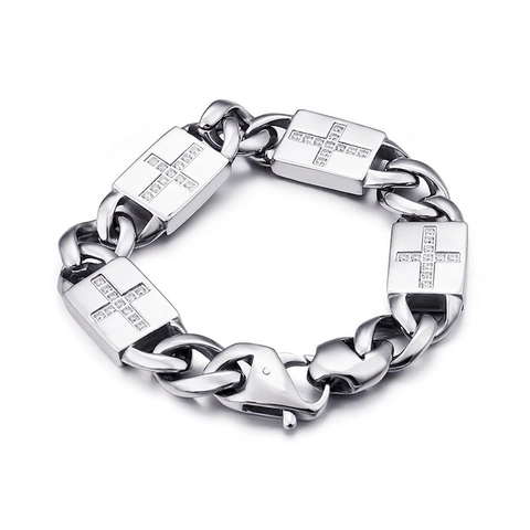 Men Stainless Steel Cross Bracelet Cuban Link Chain Zircon Rhinestone Rectangular Plate Hip Hop Punk Rock Jewelry Silver Color