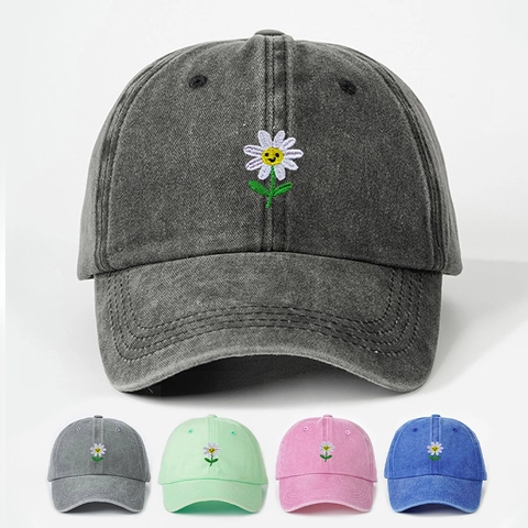 Gorra De Béisbol Estilo Algodón Lavado Bordado Margarita Cara Sonriente Vintage Sombrero De Sol Ajustable