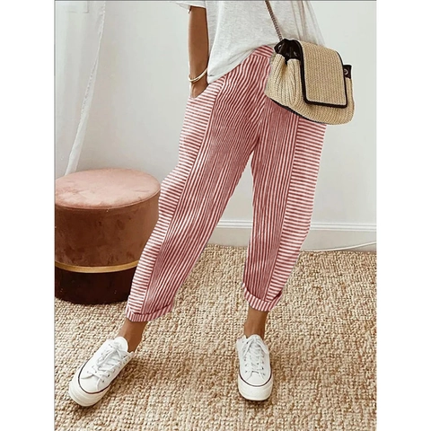 Women Casual Stripe Patchwork Loose Harem Pants Oxford Cloth Summer Elastic Waist High Rise Ankle Length Trousers Bottom