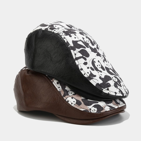 Vintage Ivy Cap PU Leather And Cotton Patchwork Flat Hat For Men Women Panda Print Retro Newsboy Beret Designer Style