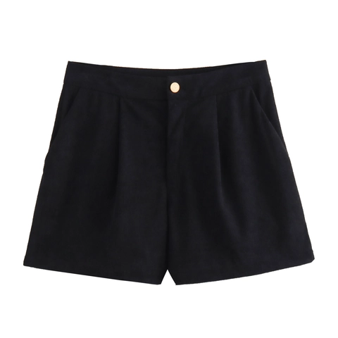 Pantaloncini In Velluto A Coste Da Donna Vita Alta Pieghe Casual Vestibilità Morbida Bottone Dorato Tasche Laterali Stile Retrò