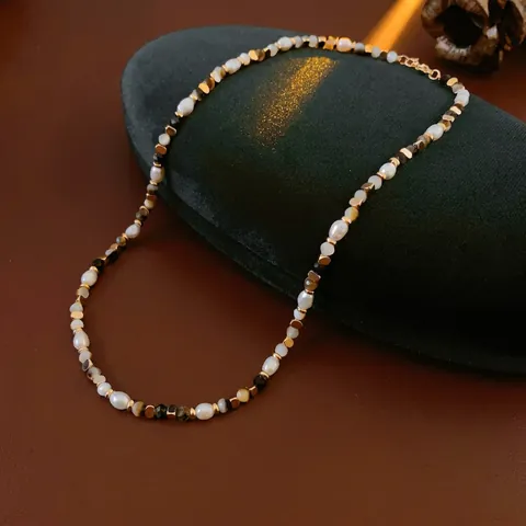 Franse Retro Zoetwaterparel En Agaat Kralen Ketting Minimalistische Koperen Sleutelbeenketting Voor Dames Mode Sieraden