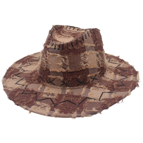 Western Cowboy Hat Patchwork Distressed Denim Fedora With Windproof Rope Retro Jazz Style Wide Brim Sun Protection Headwear