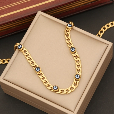 Collar Pulsera Y Pendientes Evil Eye De Acero Inoxidable Esmalte Cadena Cubana Color Oro Joyería Gótica Para Mujeres