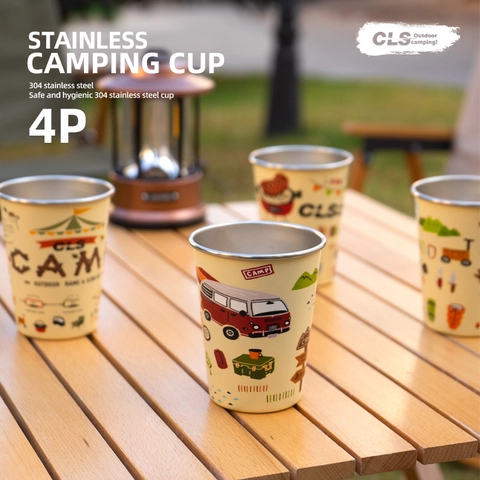Roestvrijstalen Campingbeker Set 304 Draagbaar Stapelbaar Voor Outdoor Picknick Barbecue Artistieke Cartoon Illustratie