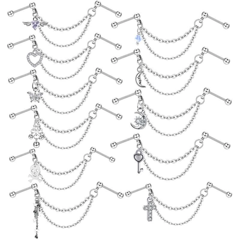 Boucle Oreille Barbell Industriel Acier Inoxydable Stud Double Chaîne Avec Pendentif Zircon Punk Gothique Piercing Bijoux