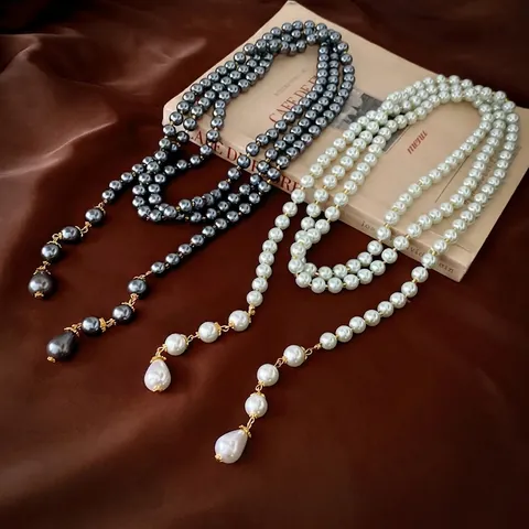 French Retro Long Multi Layer Imitation Artificial Pearl Necklace With Teardrop Pendant Alloy Elegant Sweater Chain For Women