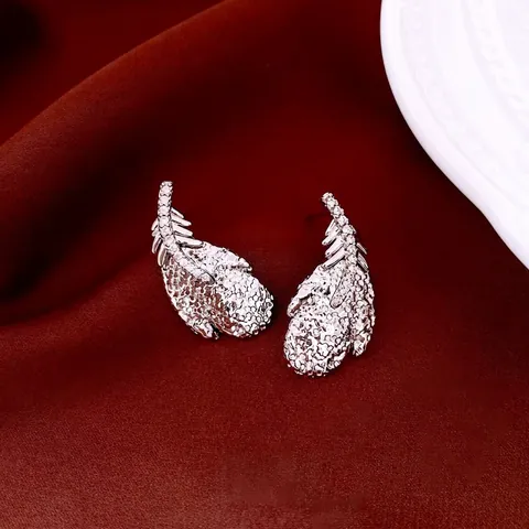 Vintage Feather Jewelry Collection Zircon Pleated Long Necklace And Earrings With Silver Earring Post Copper Luxury Women