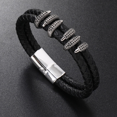 Herren Geflochtenes Lederarmband Vintage Gewebtes Rindsleder Armband Mit Legierung Magnetverschluss Krallenperlen Dekoratives Accessoire