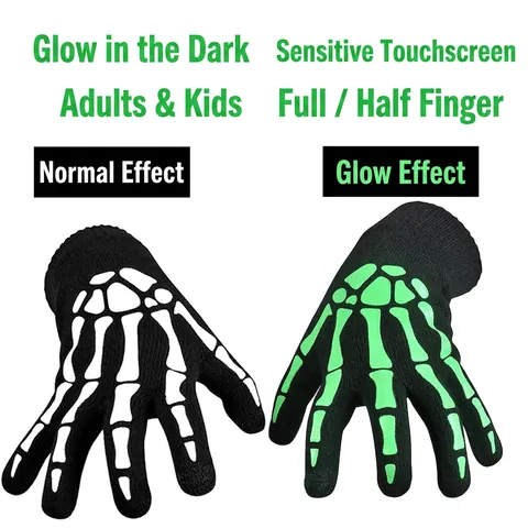 Gants Squelette Lumineux Halloween Tricot Phosphorescent Écran Tactile Motif Os De Crâne Style Gothique Pour Adultes Enfants