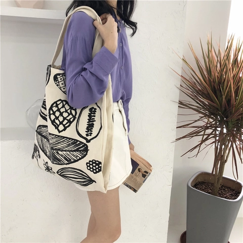 Leaf Print Canvas Tote Bag Large Capacity Minimalist Hand-Drawn Plant Shoulder Bag Aesthetic Artistic Daily Use