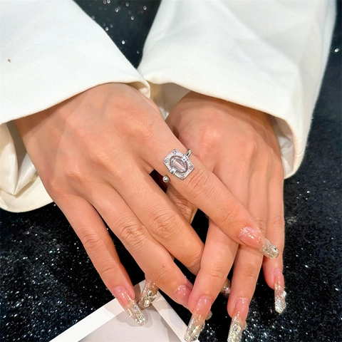 Vintage Geometrischer Edelstahlring Mit Rosa Katzenaugenstein Und Strass Rechteckiger Offener Verstellbarer Ring Damen