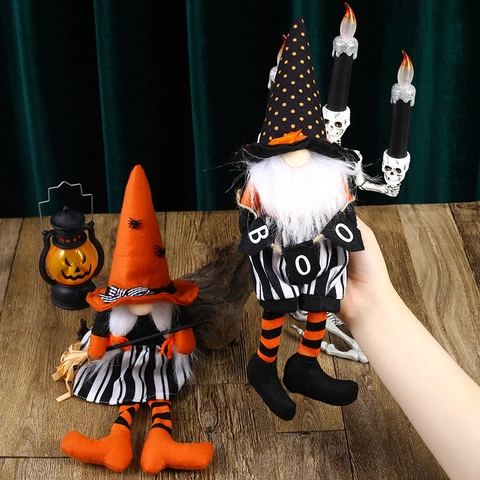 Halloween Zwerg Plüsch Dekoration Lange Gestreifte Beine Hexe Tomte Mit Besen Boo Fahne Spitzhut Für Tischdeko