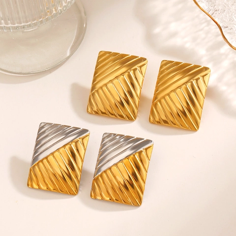 Boucles D'oreilles Rectangulaires Acier Inoxydable Plaqué Sous Vide Texture Géométrique Rayures Diagonales Style Hip Hop