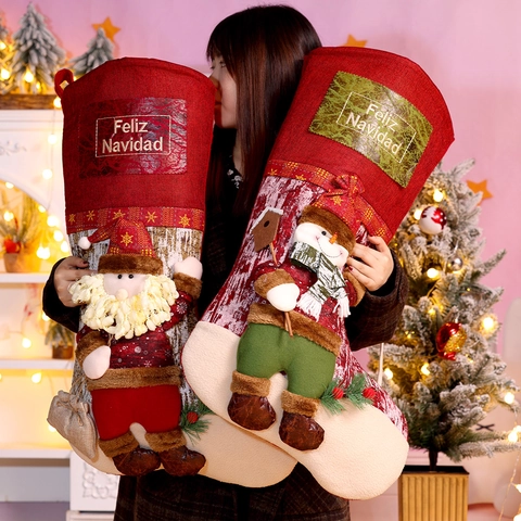 Large Christmas Stocking Plush Burlap Gift Bag 3D Santa Snowman Reindeer Hanging Decor Fireplace Xmas Party Festive