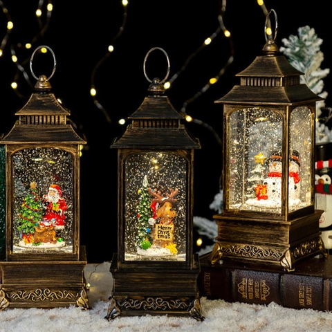 Weihnachten Schneekugel Laterne Vintage Bronze LED Licht Wirbelnder Glitzer Musikalisches Feiertagsdeko Ornament