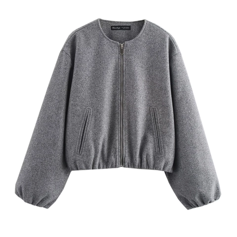 Women Bomber Jacket Soft Felted Solid Color Zip Up Loose Casual Streetwear Outerwear Long Lantern Sleeve Pocket Coat
