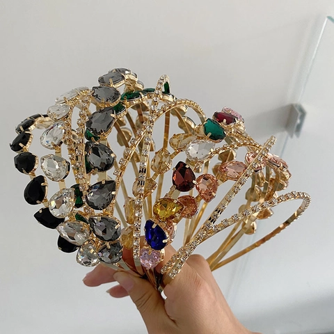 Baroque Rhinestone Headband For Women Double Layer Alloy Water Drop Crystal Hair Hoop Luxury Wedding Hair Accessories