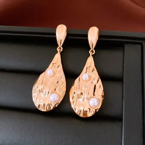 Vintage Waterdrop Drop Earrings Hammered Texture 18K Gold Plated With Artificial Pearls And 925 Sterling Silver Earring Post Women