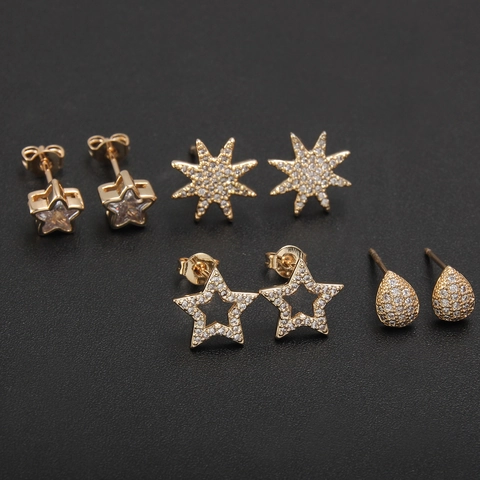 Orecchini a Bottone in Rame Placcato Oro con Zirconia Stella Luna Fulmine Geometrici Orecchini a Stella Gioielli da Donna