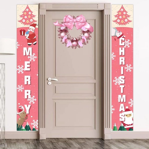 Christmas Porch Banner Merry Christmas Sign Oxford Cloth Hanging Decoration Pink Festive Door Couplet Home Outdoor Party