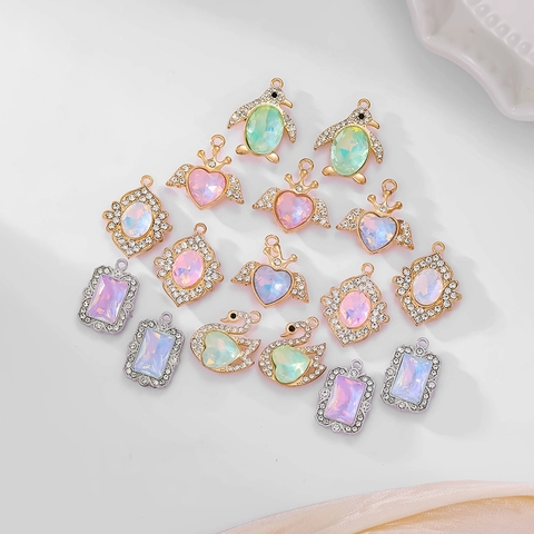 Ciondoli Per Gioielli In Lega Cigno Cuore Rettangolo Pietra Iridescente Strass DIY Creazione Di Collane Orecchini Accessori Elegante
