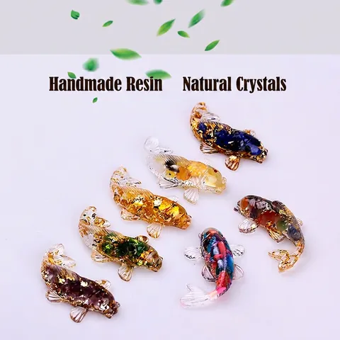 Handmade Resin Koi Fish Figurine With Natural Crystal Stones Gold Foil Clear Desktop Ornament Lucky Healing Gift Decor